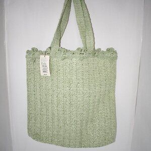 A NEW DAY Woven Paper Straw Tote Bag | Double Straps, Flower Trim | in Green NWT